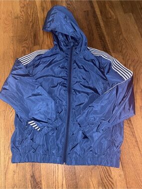 Men's Blue Hooded Windbreaker with White Shoulder Stripes